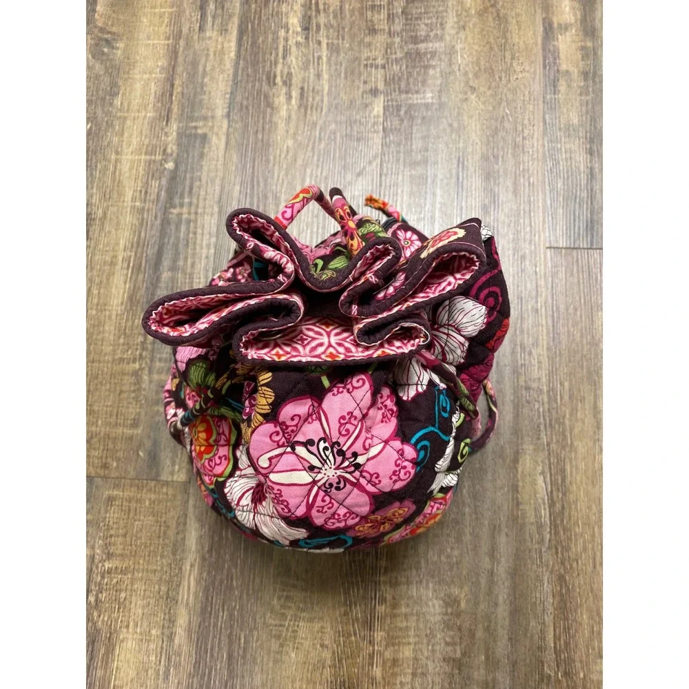 Vera Bradley Quilted Floral Pink/Brown Drawstring Backpack Bag Travel Pouch Sack